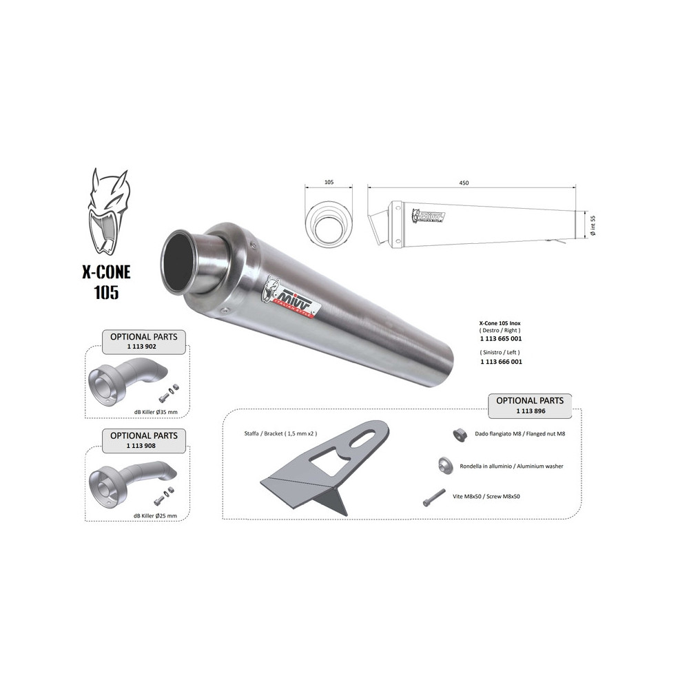 Silencieux universel MIVV X-Cone 105 Inox 55mm- côté droit