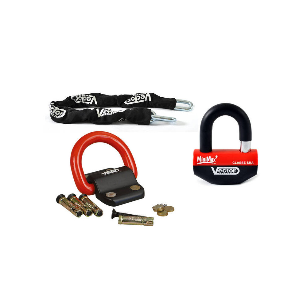 Kit antivol VECTOR - chaîne 1,30m + cadenas/bloque-disque MiniMax+ + Fixation Compac Blok VECTOR 1 - AVSmoto Racing Parts 